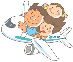 飛行機旅行をする家族のイラスト