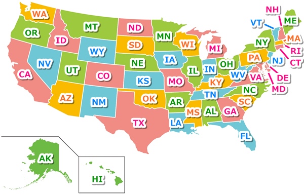 アメリカ合衆国全50州マップ(地図・略称つき)01