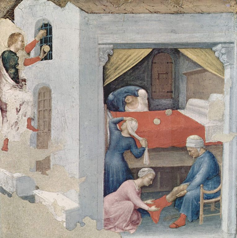三人の娘が居る貧しい家に金を投げ入れる聖ニコラウス（画：ジェンティーレ・ダ・ファブリアーノ）