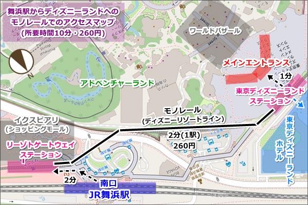 JR舞浜駅から東京ディズニーランドへのアクセスマップ(地図・モノレール)01