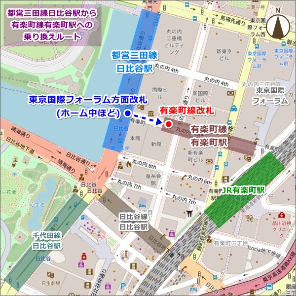 都営三田線日比谷駅から有楽町線有楽町駅への徒歩ルート地図01