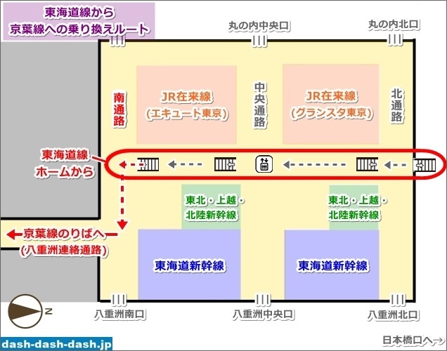 [東京駅構内図]JR京葉線への乗り換えルート(東海道線)03