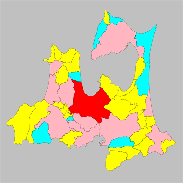 青森県の形と県庁所在地・青森市の場所(地図)01