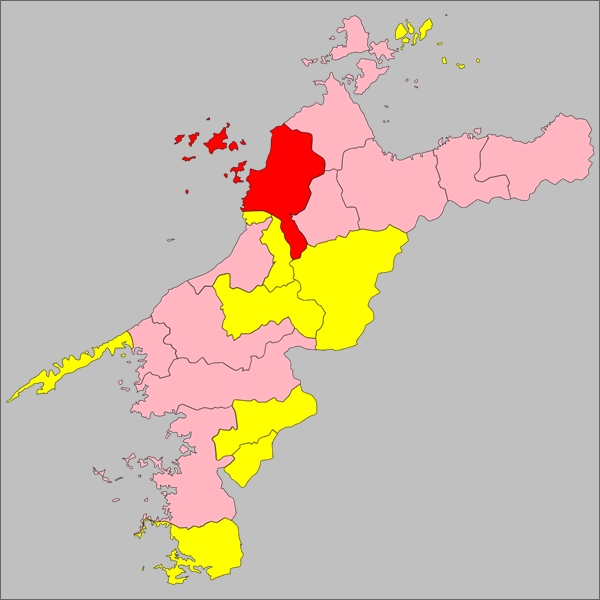 愛媛県の形と県庁所在地・松山市の場所(地図)01