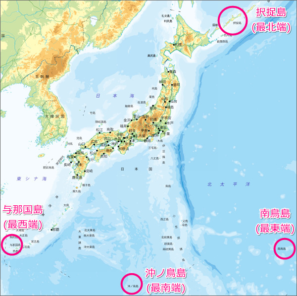 日本の端の島4つの地図(東西南北)01