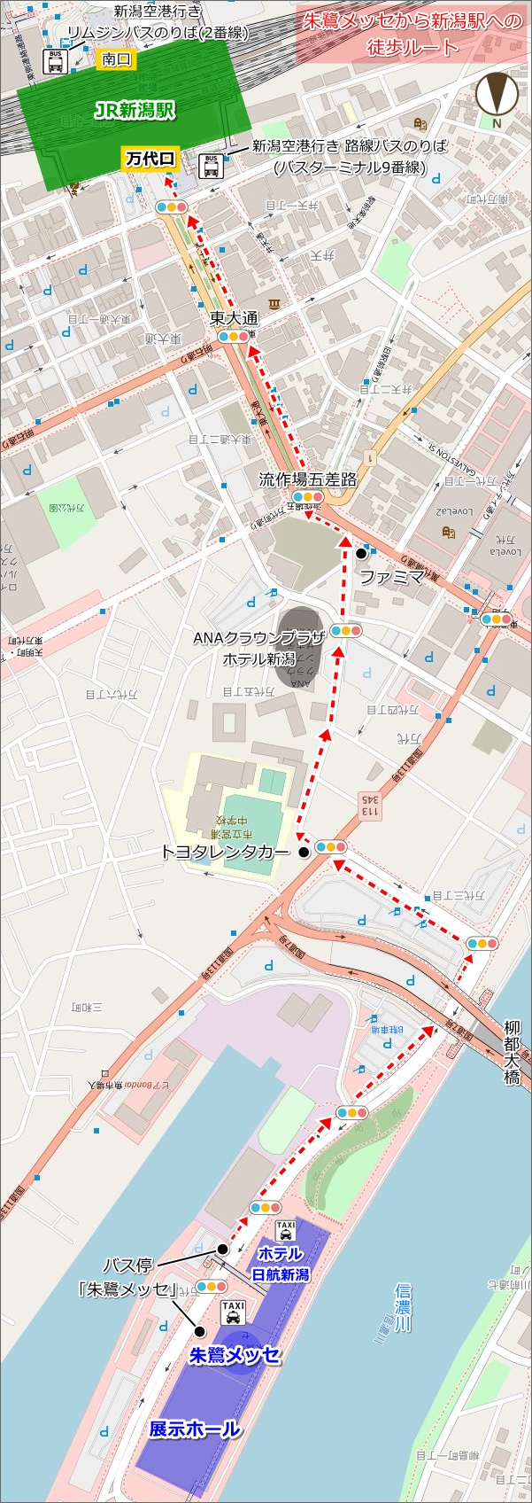 朱鷺メッセから新潟駅への徒歩ルート(地図)01